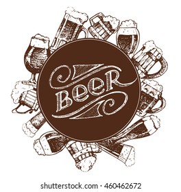 October fest. Vector  beer glasses and mugs, hat, barrel, pretzels in hand drawn style. Drink beer. Vector illustration.