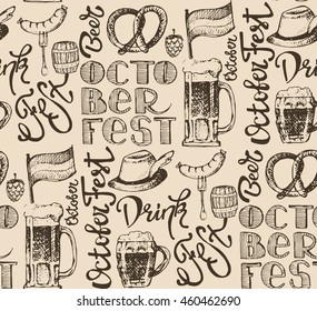 October fest. Vector  beer glasses and mugs, hat, barrel, pretzels in hand drawn style. Drink beer. Vector illustration. Vector pattern background.