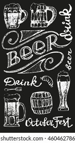 October fest. Vector  beer glasses and mugs, hat, barrel, pretzels in hand drawn style. Drink beer. Vector illustration.