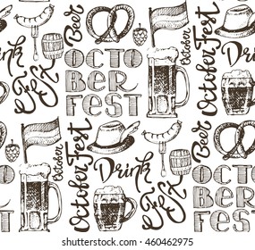 October fest. Vector  beer glasses and mugs, hat, barrel, pretzels in hand drawn style. Drink beer. Vector illustration. Pattern background.