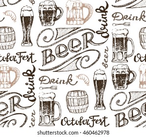 October fest. Vector  beer glasses and mugs, hat, barrel, pretzels in hand drawn style. Drink beer. Vector illustration. Pattern with beer.