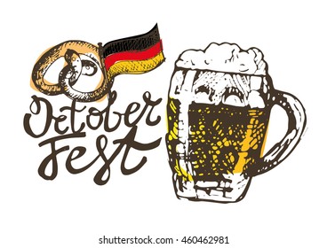 October fest. Vector  beer glasses and mugs, hat, barrel, pretzels in hand drawn style. Drink beer. Vector illustration.