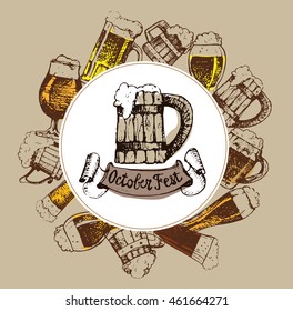 October fest. Vector beer glasses and mugs, hat, barrel, pretzels in hand drawn style. Drink beer. Vector illustration.