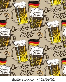 October fest. Vector beer glasses and mugs in hand drawn style. Drink beer. Vector illustration. Vector pattern with beer mugs and glasses.
