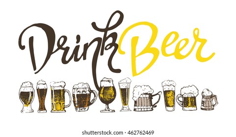 October fest. Vector beer glasses and mugs in hand drawn style. Drink beer. Vector illustration.
