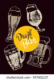 October fest. Vector beer glasses and mugs in hand drawn style. Drink beer. Vector illustration.