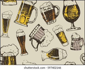 October fest. Vector beer glasses and mugs in hand drawn style. Drink beer. Vector illustration. Vector pattern with beer mugs and glasses.