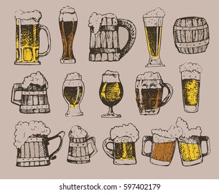 October fest. Vector beer glasses and mugs in hand drawn style. Drink beer. Vector illustration.