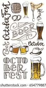 October fest. Vector  beer glasses and mugs, hat, barrel, pretzels in hand drawn style. Drink beer. Vector illustration.