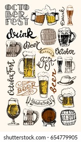 October fest. Vector  beer glasses and mugs, hat, barrel, pretzels in hand drawn style. Drink beer. Vector illustration.