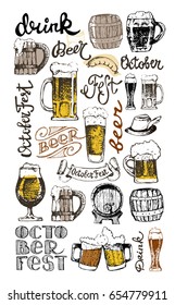 October fest. Vector  beer glasses and mugs, hat, barrel, pretzels in hand drawn style. Drink beer. Vector illustration.