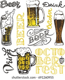 October fest. Vector  beer glasses and mugs in hand drawn style. Drink beer. Vector illustration.