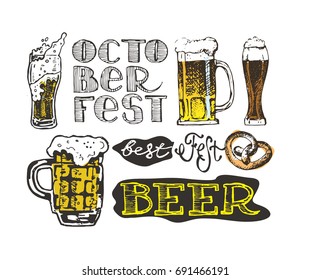 October fest. Vector  beer glasses and mugs, hat, barrel, pretzels in hand drawn style. Drink beer. Vector illustration.