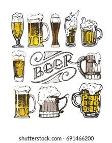 October fest. Vector  beer glasses and mugs, hat, barrel, pretzels in hand drawn style. Drink beer. Vector illustration.