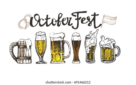 October fest. Vector  beer glasses and mugs, hat, barrel, pretzels in hand drawn style. Drink beer. Vector illustration.