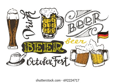 October fest. Vector  beer glasses and mugs in hand drawn style. Drink beer. Vector illustration.