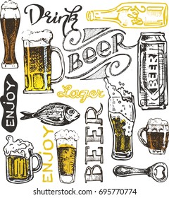 October fest. Vector pattern with  beer glasses and mugs in hand drawn style. Drink beer. Vector illustration.