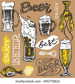 October fest. Vector pattern with  beer glasses and mugs in hand drawn style. Drink beer. Vector illustration.