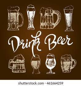 October fest. Vector set of beer glasses and mugs in ink hand drawn style. Drink beer. Vector illustration.