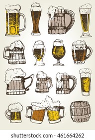 October fest. Vector set of beer glasses and mugs in ink hand drawn style. Drink beer. Vector illustration.