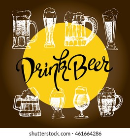 October fest. Vector set of beer glasses and mugs in ink hand drawn style. Drink beer. Vector illustration.