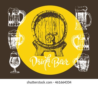 October fest. Vector set of beer glasses and mugs in ink hand drawn style. Drink beer. Vector illustration.
