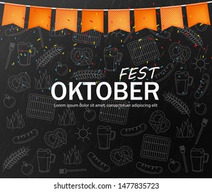October fest welcome poster Vector realistic. Dark background. Beer and pretzel pattern line artistic illustration