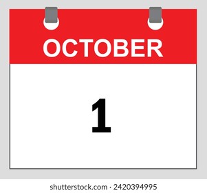 October first, Calendar icon Red and white, calender vector, date icon symbol, Schedule icon,