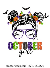 October girl. Hand drawn woman face with spooky pumpkins, bats and doodle text. Happy halloween concept. Holiday design for poster, banner, t shirt, card, flyer, invitation. Vector illustration