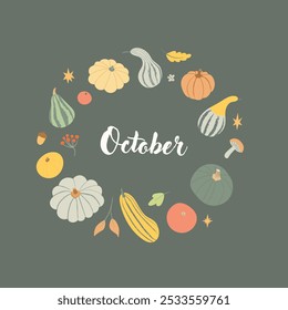 October greeting card with seasonal vegetables and leaves illustration. Circle composition with wreath of pumpkin, squash, gourd, berries and autumn leaves on green background