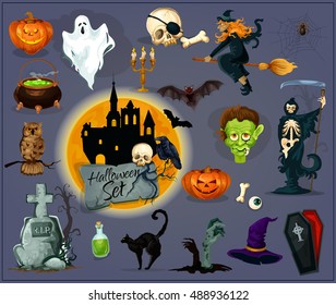 Oktober Halloween Feiern Design Elemente und Symbole. Vektororangefarbene Kürbislattern, Fliegerwitter, Kessel, Zombie-Friedhof, spuktierter häuslicher Wirt, Vampirscoffin, Skelettschädel