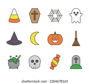 October Halloween day event simple line icon set. Candy, ghost, skull, spider, cobweb, coffin, cross, grave, witch, hat, moon, pumpkin, broom symbol illustration collection.