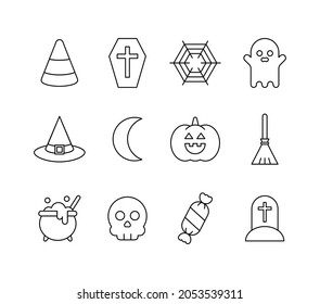 October Halloween event simple line icon set. Candy, ghost, skull, spider, cobweb, coffin, cross, grave, witch, hat, moon, pumpkin, broom symbol illustration collection.
