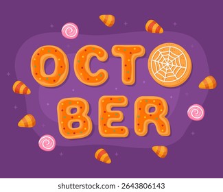 October. Halloween greeting card, orange halloween gingerbreads on a purple background. Halloween sweets, corn candies, eye shaped cookies, letter shaped cookies.