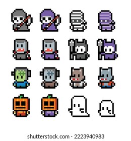 Octubre Arte de píxel de Halloween en fondo blanco aislado, autos pixelados, minecraft, íconos de videojuegos, fantasma, calabaza, momias, frankenstein