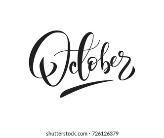 October handwritten lettering typography. Black and white vector illustration