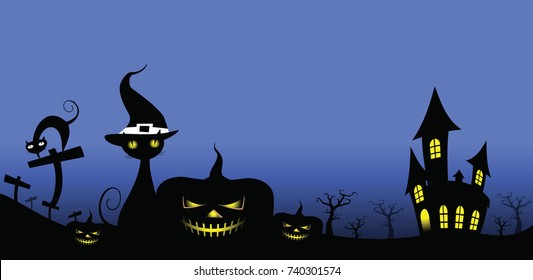 October holiday concept illustration layout with Halloween pumpkin, castle and graveyard vector eps 10