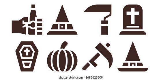 october icon set. 8 filled october icons. Included Coffin, Oktoberfest, Pumpkin, Witch, Scythe, Gravestone icons