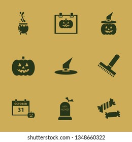 october icon set with halloween date on calendar, rake and halloween candy vector illustration