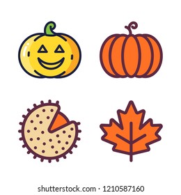 october icon set. vector set about maple leaf, chestnut and pumpkin icons set.