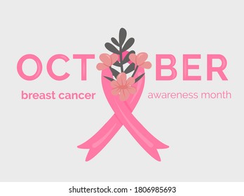 Inscripción de octubre. Plantilla de banner del mes de sensibilización sobre el cáncer de mama con cinta de caricatura rosa y flores de melocotón ramo con brunch oscuro. Campaña contra el cáncer de mama. Ilustración vectorial con tipografía.