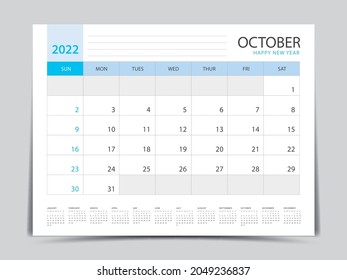 October layout design, calendar 2022 year template, Planner simple, Desk calendar 2022 design, Week Starts on Sunday, Wall calendar design, printing media, advertisement, office organizer, vector
