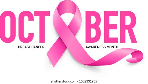 October lettering design with pink ribbon. Breast Cancer Awareness Month Campaign. For poster, banner and t-shirt. Vector Illustration isolated on white background.