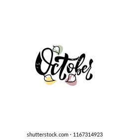october lettering  with leaves. Isolated vector illustration on white background. Modern autumn calligraphy as poster, postcard, card, invitation, event concept. EPS 10