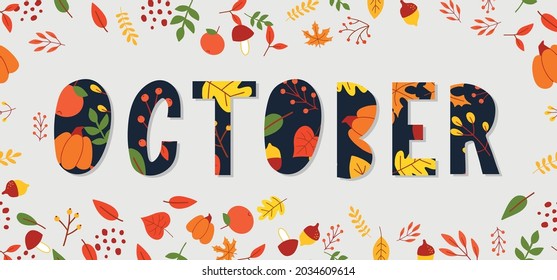 October lettering text sale vector banner with colorful autumn leaves