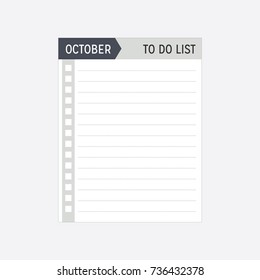 October List, October To Do List, Ready To Print, October Monthly, Yearly Calendar, To Do List Note Pad, Note Pad Icon, Lined Paper, Grocery List, Vector Illustration Background