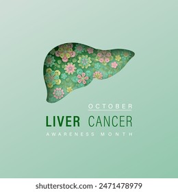 October is Liver Cancer Awareness Month. Paper cut shape of a liver and simple colorful layered flowers underneath. Digestive system organs vector design for medicine, science or education