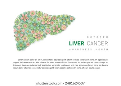 October is Liver Cancer Awareness Month. Shape of Liver with simple colorful layered flowers. Digestive system organs vector design for medicine, science or education