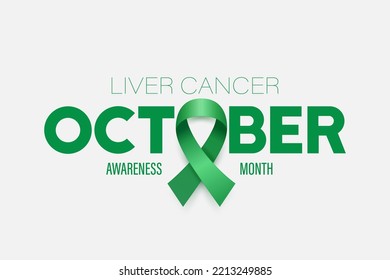 October. Liver Cancer Banner, Card, Placard with Vector 3d Realistic Emerald Green Ribbon on White Background. Liver Cancer Awareness Month Symbol Closeup. World Liver Cancer Day Concept