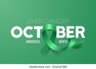 October. Liver Cancer Banner, Card, Placard with Vector 3d Realistic Emerald Green Ribbon on Green Background. Liver Cancer Awareness Month Symbol Closeup. World Liver Cancer Day Concept